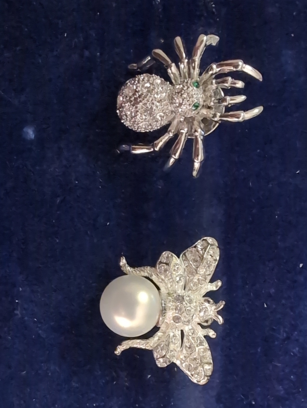 Silver Bee and Spider Brooch Set with Pearl Accent - Silver